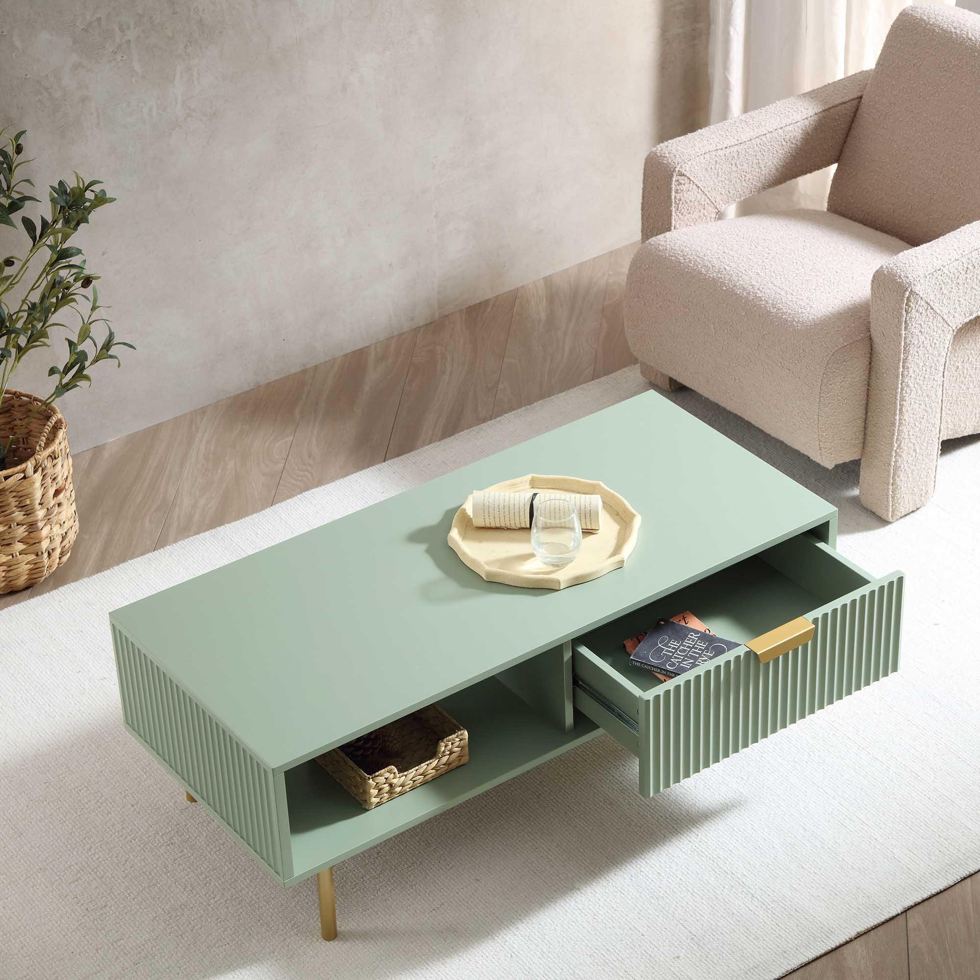 Bàn cà phê Richmond Ridged với ngăn kéo, Matte Sage Green - Ảnh 3