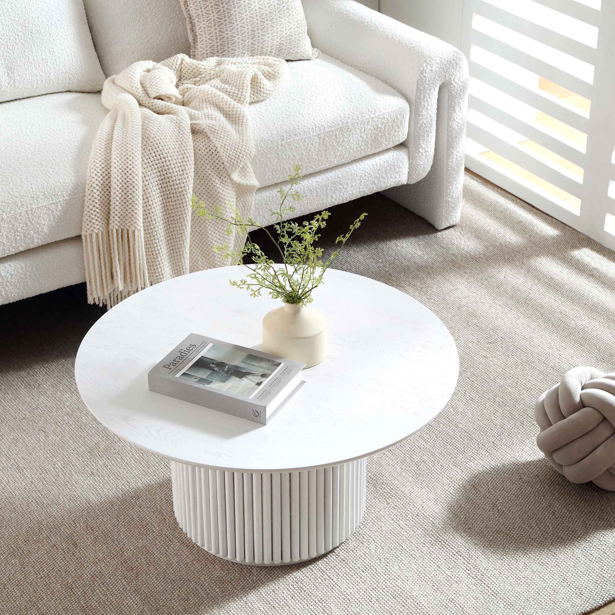 Maru Round Oak Pedestal bàn cà phê, rửa trắng - Ảnh 2