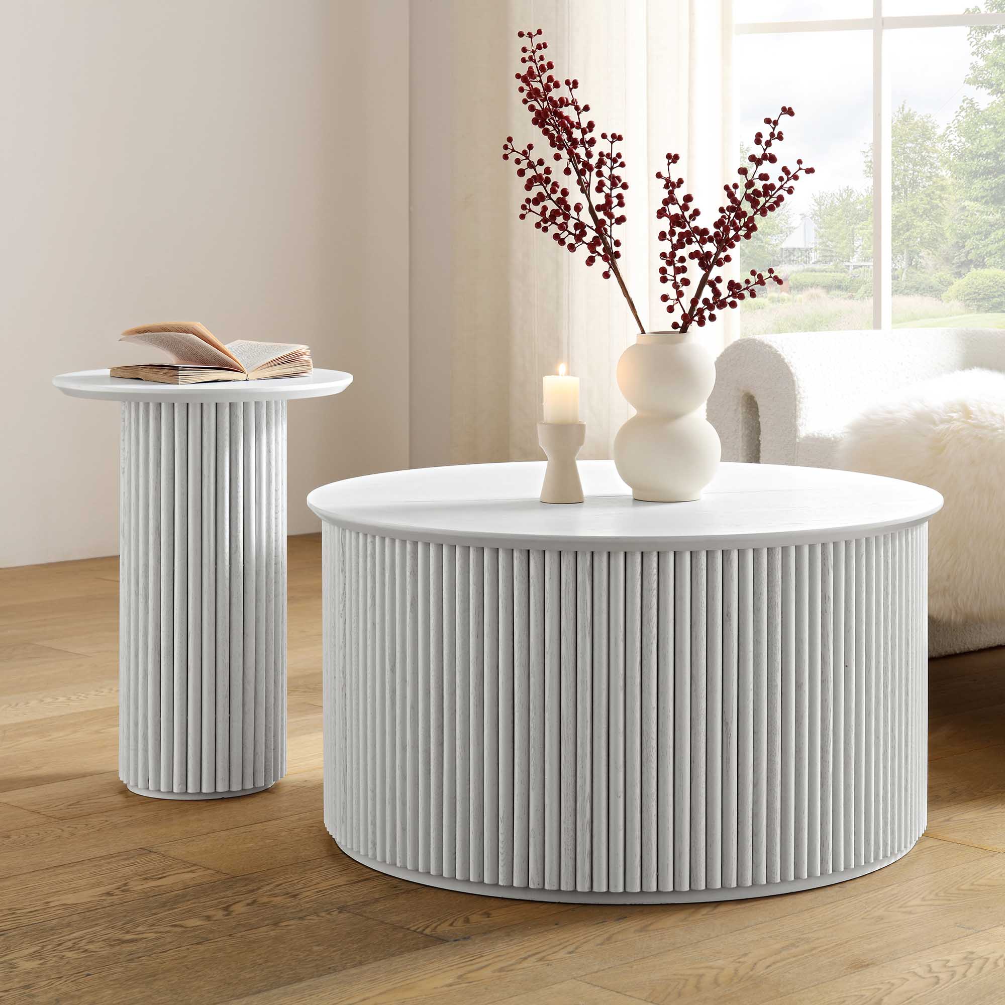 Bàn cà phê tròn Maru Oak với lưu trữ, rửa trắng - Ảnh 4