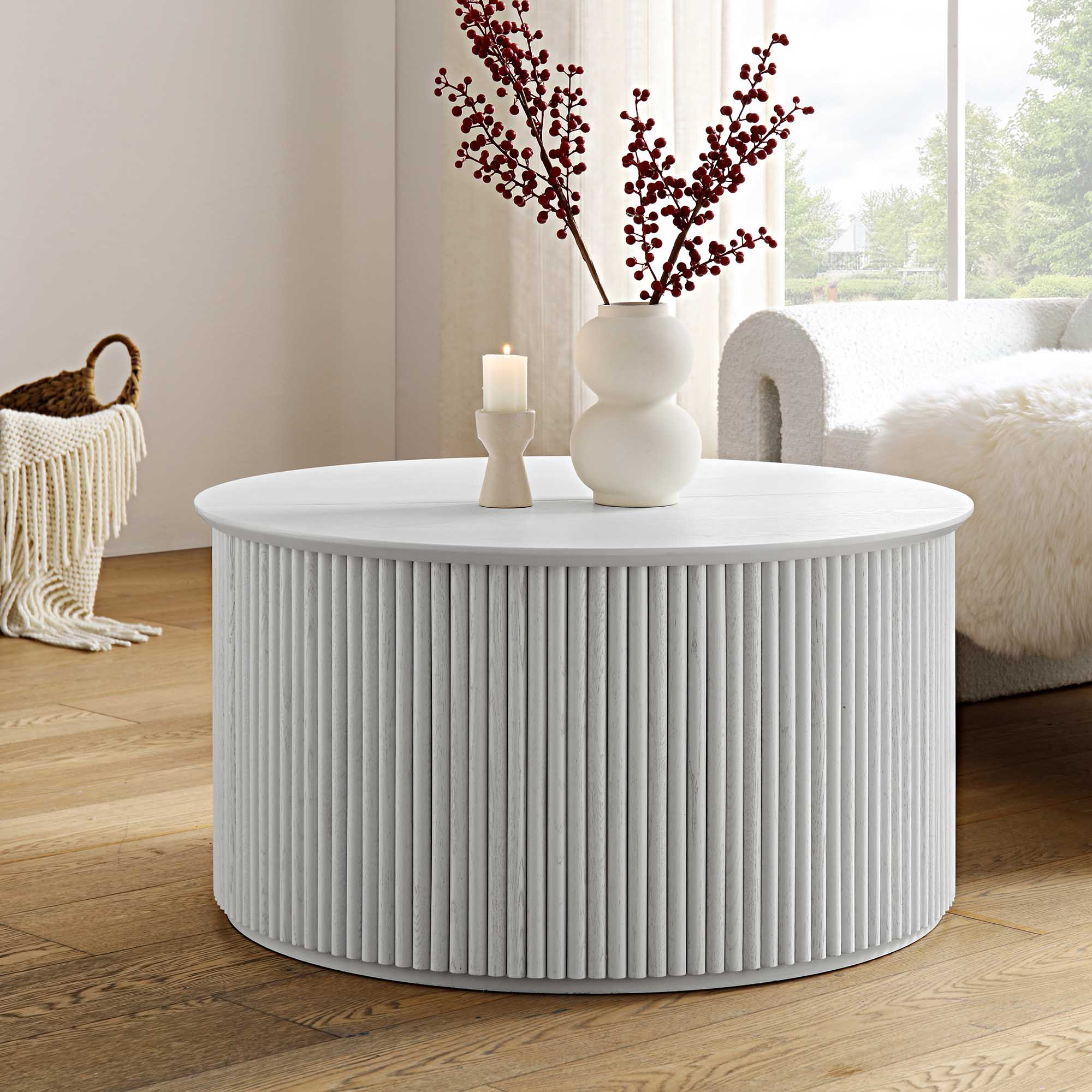 Bàn cà phê tròn Maru Oak với lưu trữ, rửa trắng