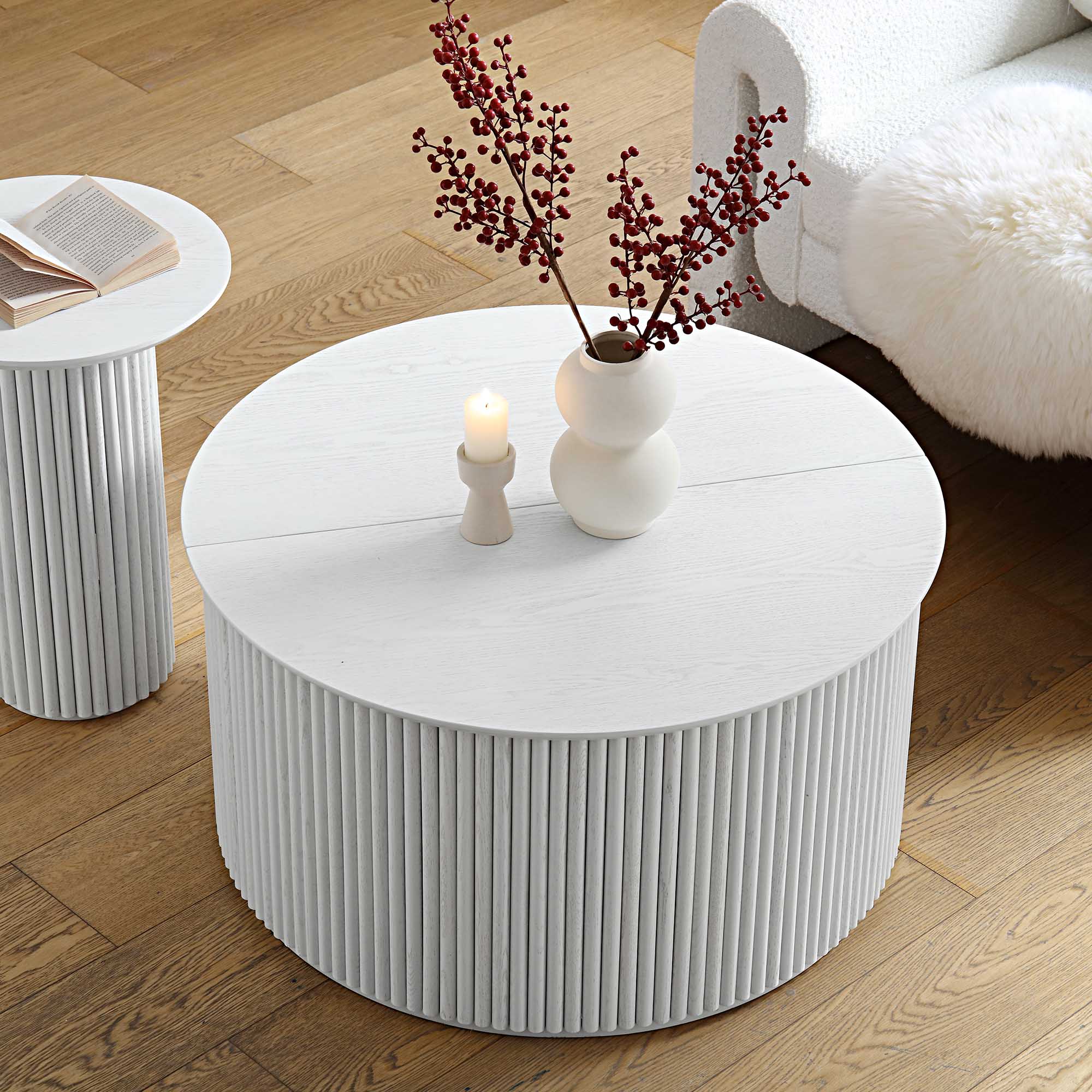 Bàn cà phê tròn Maru Oak với lưu trữ, rửa trắng - Ảnh 2