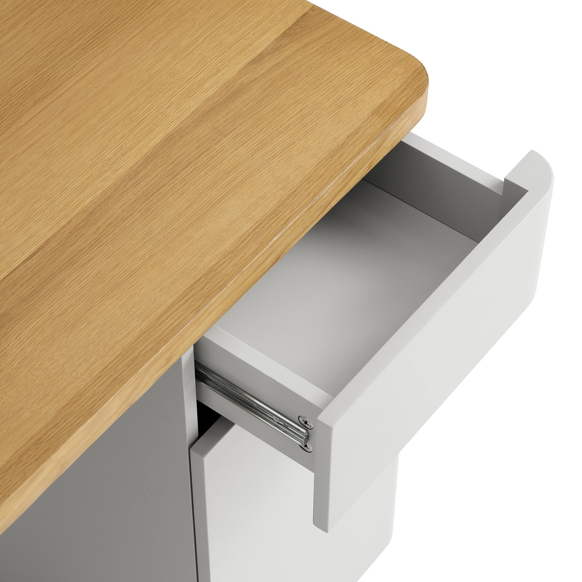 Bàn cạnh Agnes cong với lưu trữ, Dove Gray với Oak Top - Ảnh 13