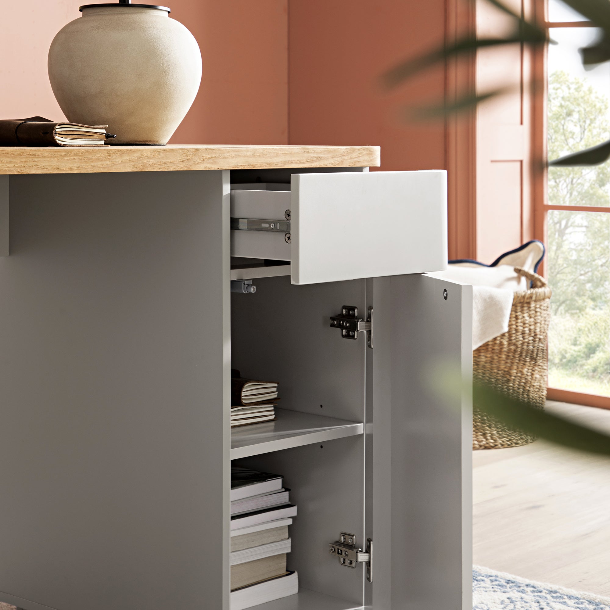 Bàn cạnh Agnes cong với lưu trữ, Dove Gray với Oak Top - Ảnh 4