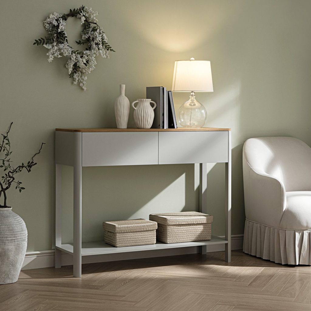Agnes Curved Edge 2 ngăn kéo bảng điều khiển, Dove Gray với Oak Top
