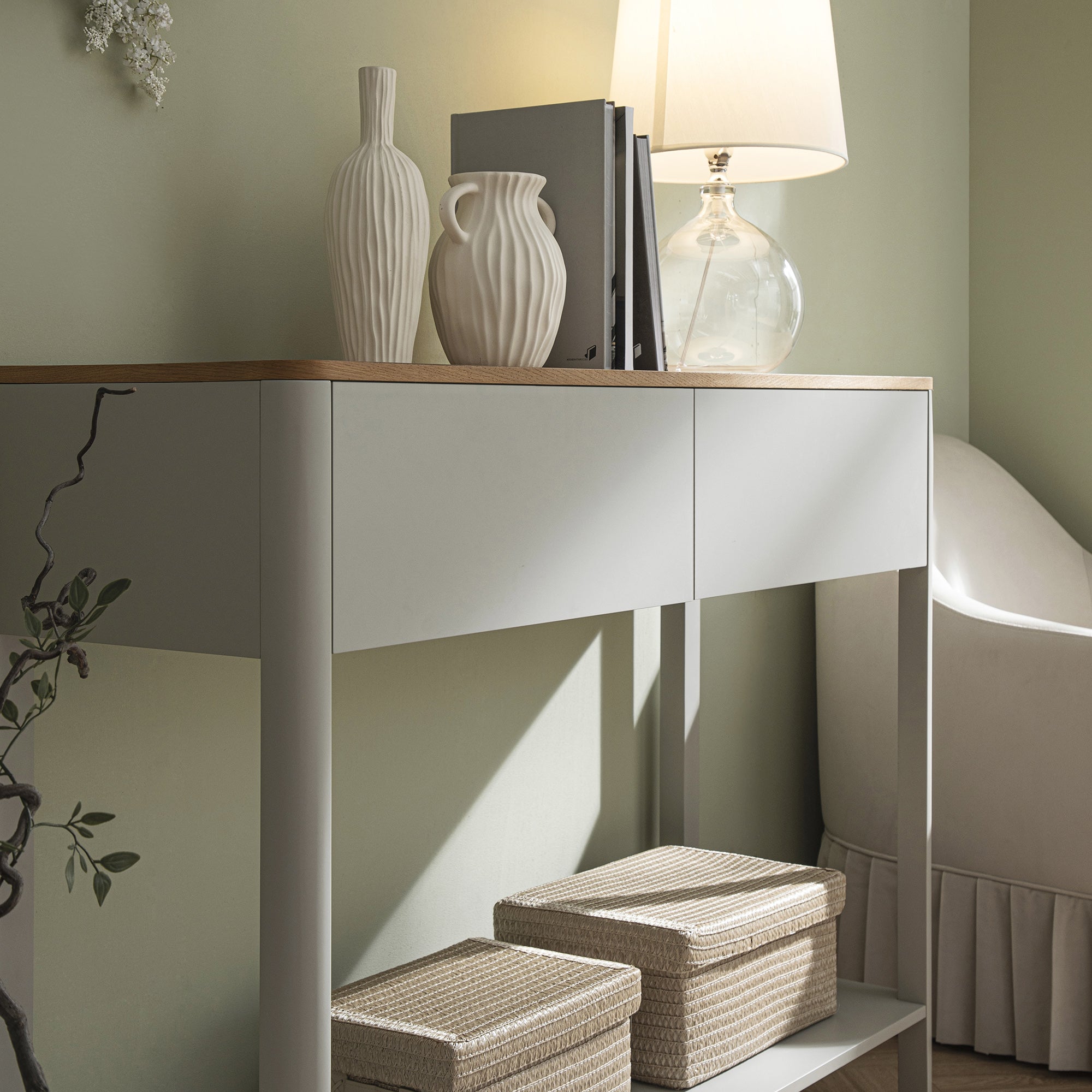Agnes Curved Edge 2 ngăn kéo bảng điều khiển, Dove Gray với Oak Top - Ảnh 2