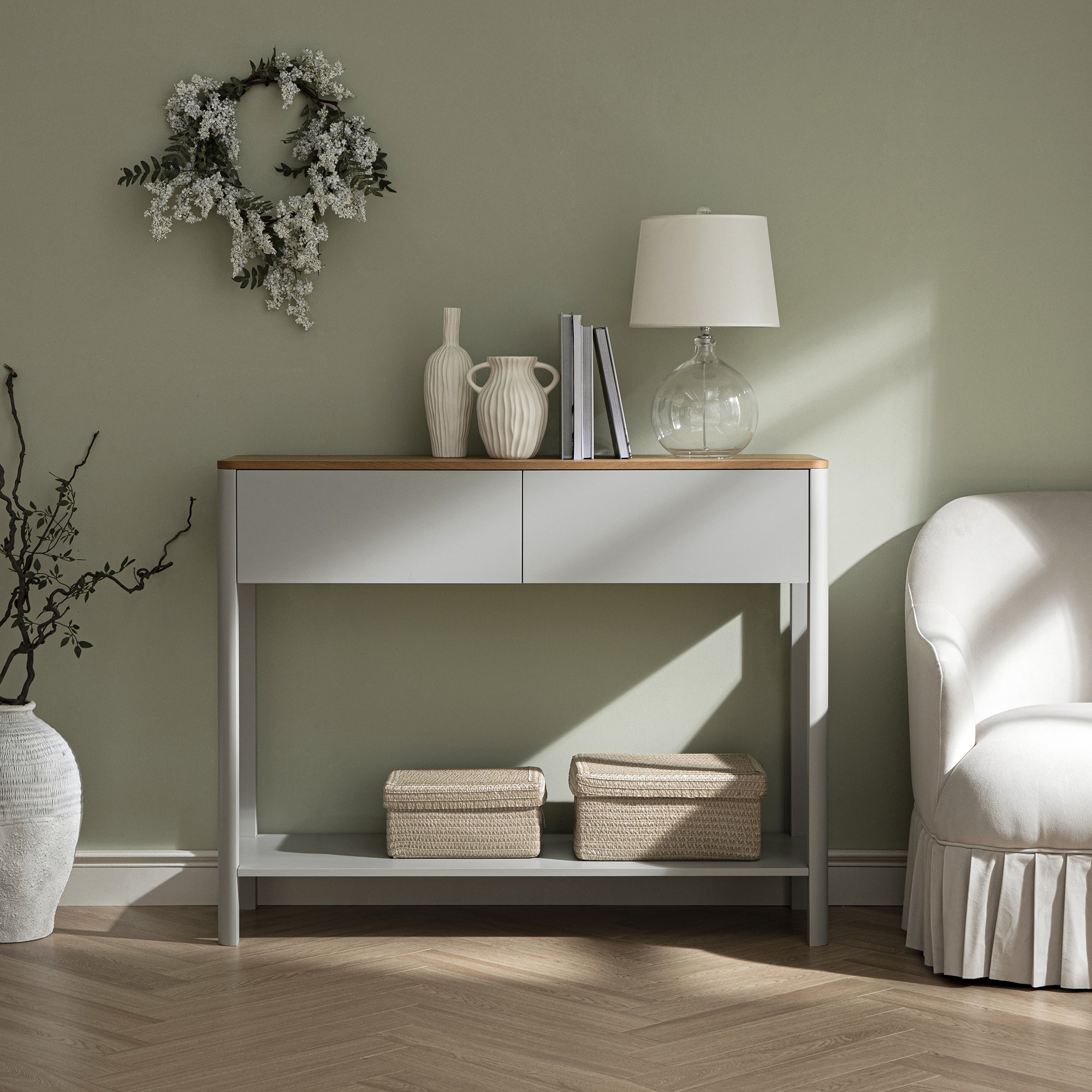 Agnes Curved Edge 2 ngăn kéo bảng điều khiển, Dove Gray với Oak Top - Ảnh 3