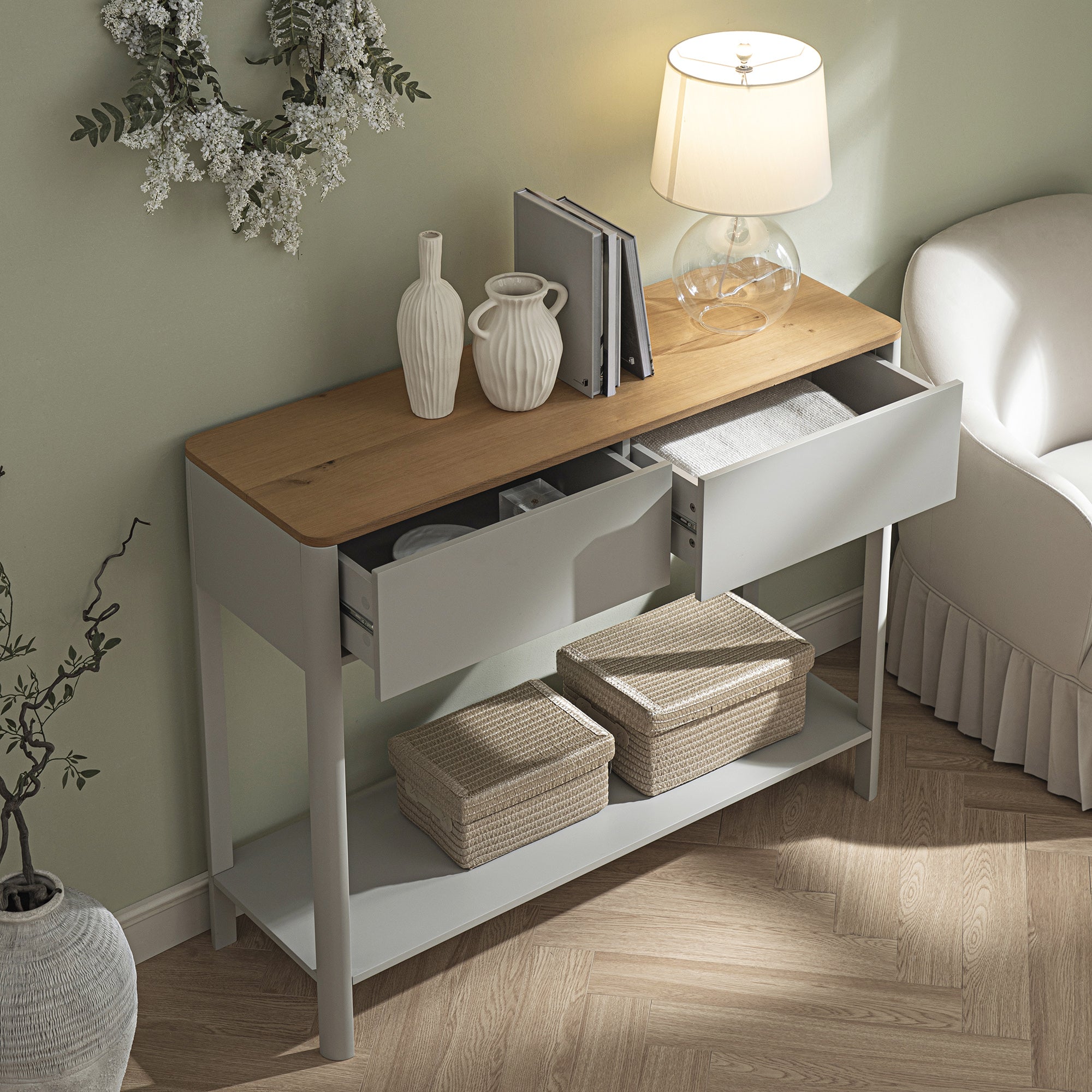 Agnes Curved Edge 2 ngăn kéo bảng điều khiển, Dove Gray với Oak Top - Ảnh 4