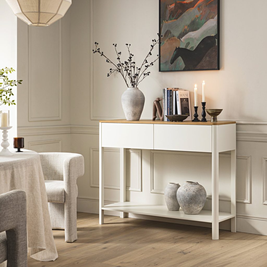 Agnes Curved Edge 2 ngăn kéo bảng điều khiển, Off White với Oak Top