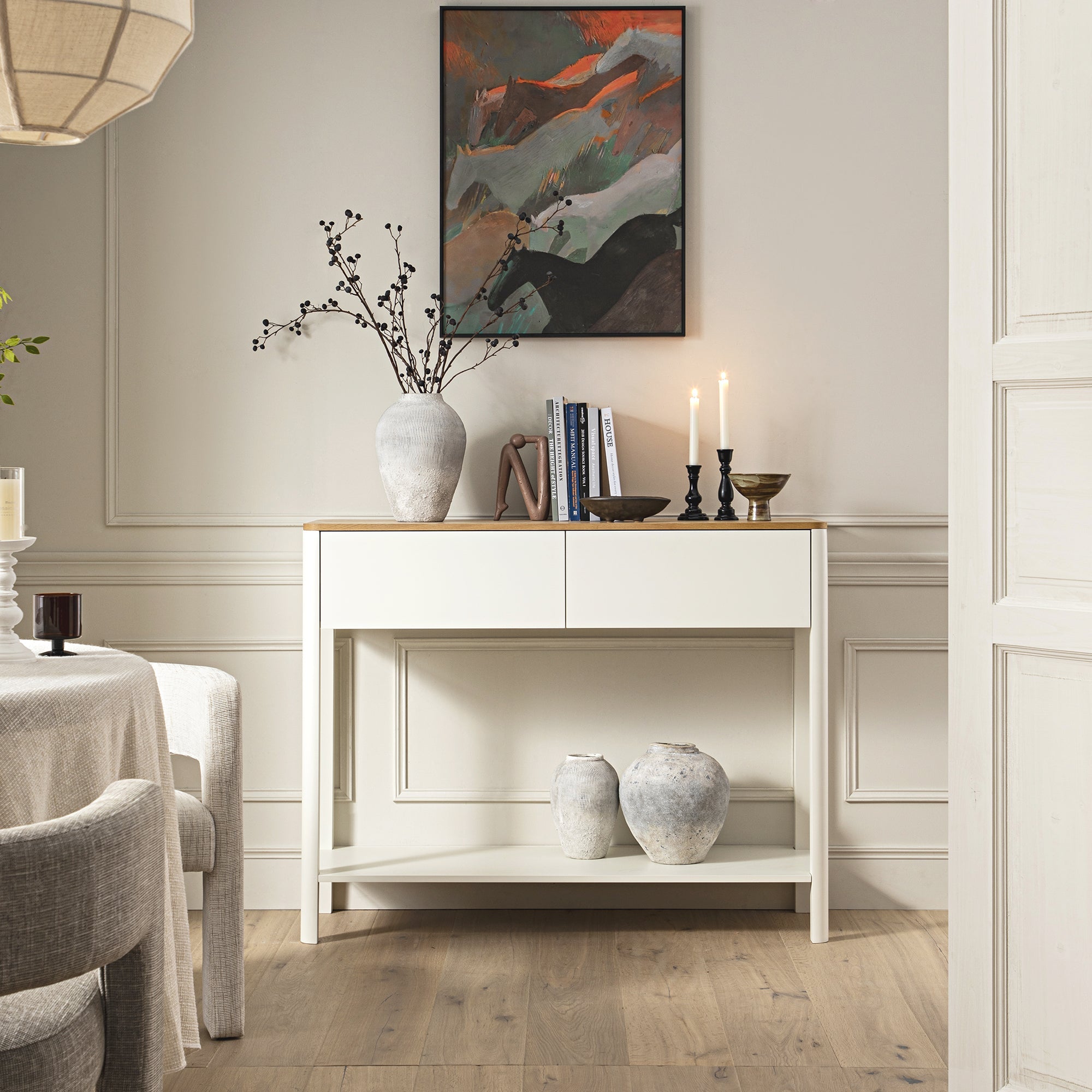 Agnes Curved Edge 2 ngăn kéo bảng điều khiển, Off White với Oak Top - Ảnh 2
