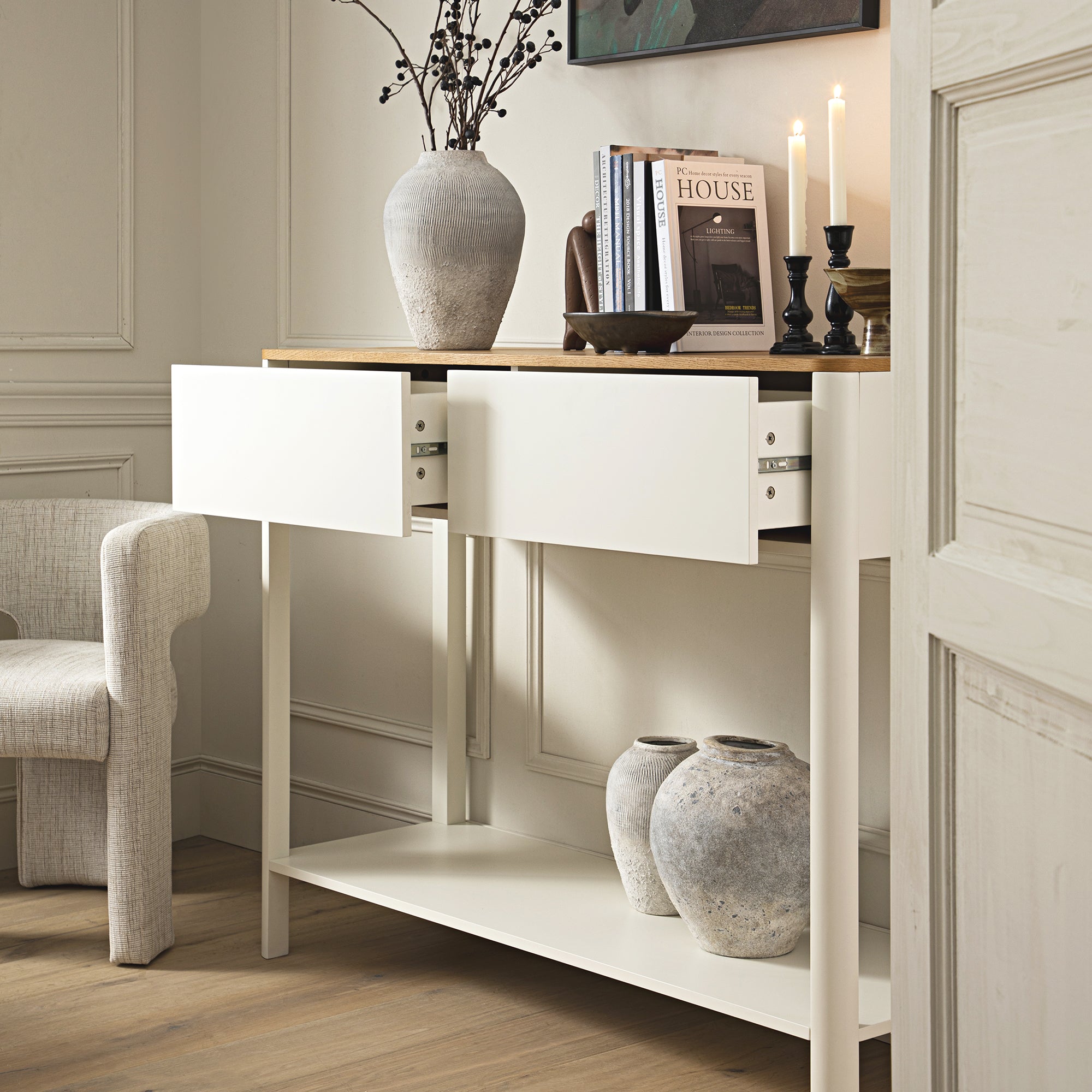 Agnes Curved Edge 2 ngăn kéo bảng điều khiển, Off White với Oak Top - Ảnh 3