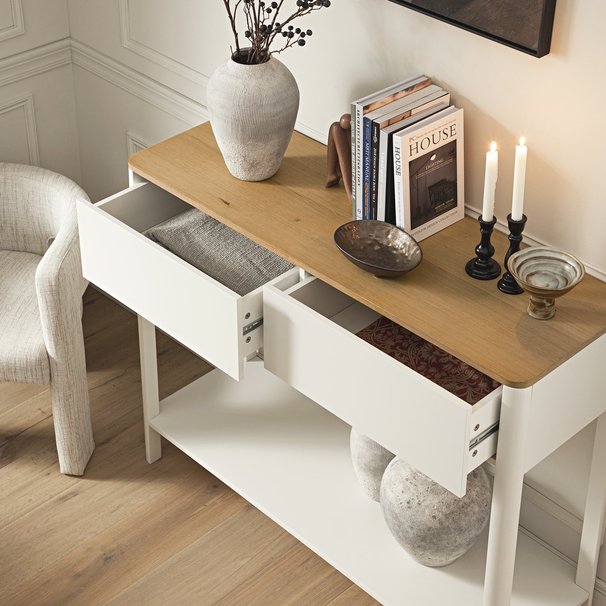 Agnes Curved Edge 2 ngăn kéo bảng điều khiển, Off White với Oak Top - Ảnh 4