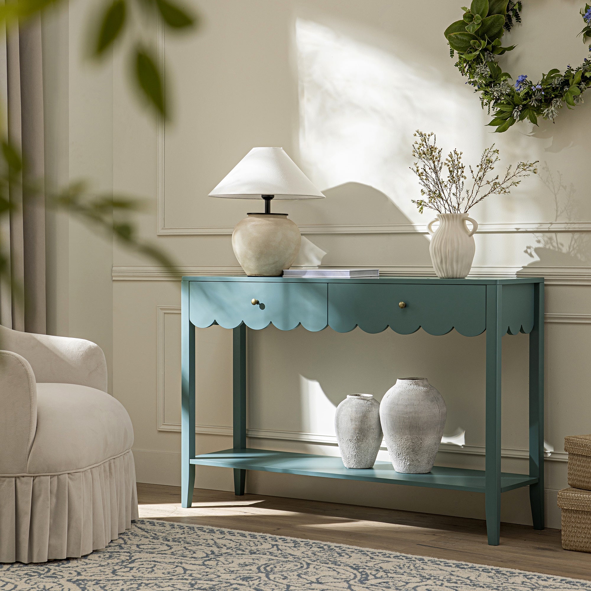 Henley Scalloped Edge Console Table, Blue Spruce - Ảnh 2