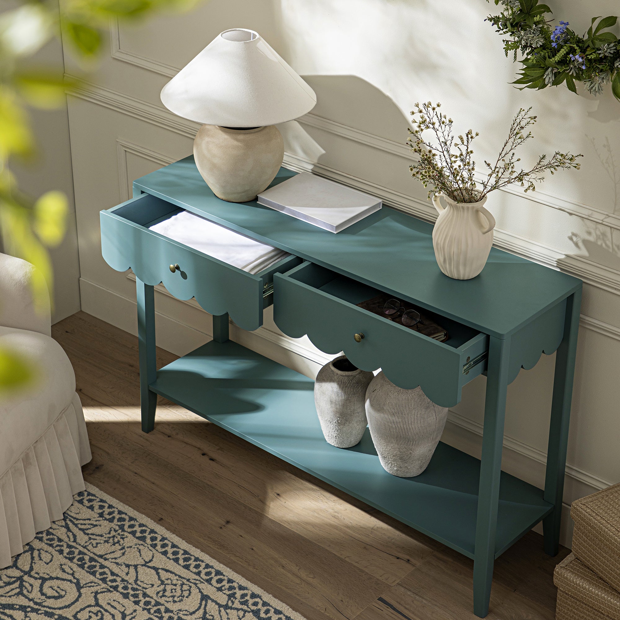 Henley Scalloped Edge Console Table, Blue Spruce - Ảnh 3