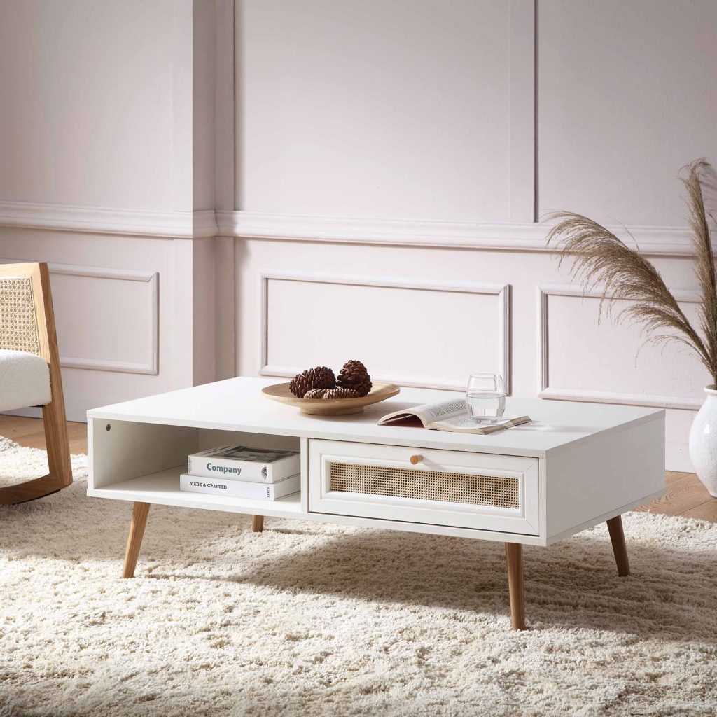 Frances Dệt Rattan gỗ bàn cà phê màu trắng