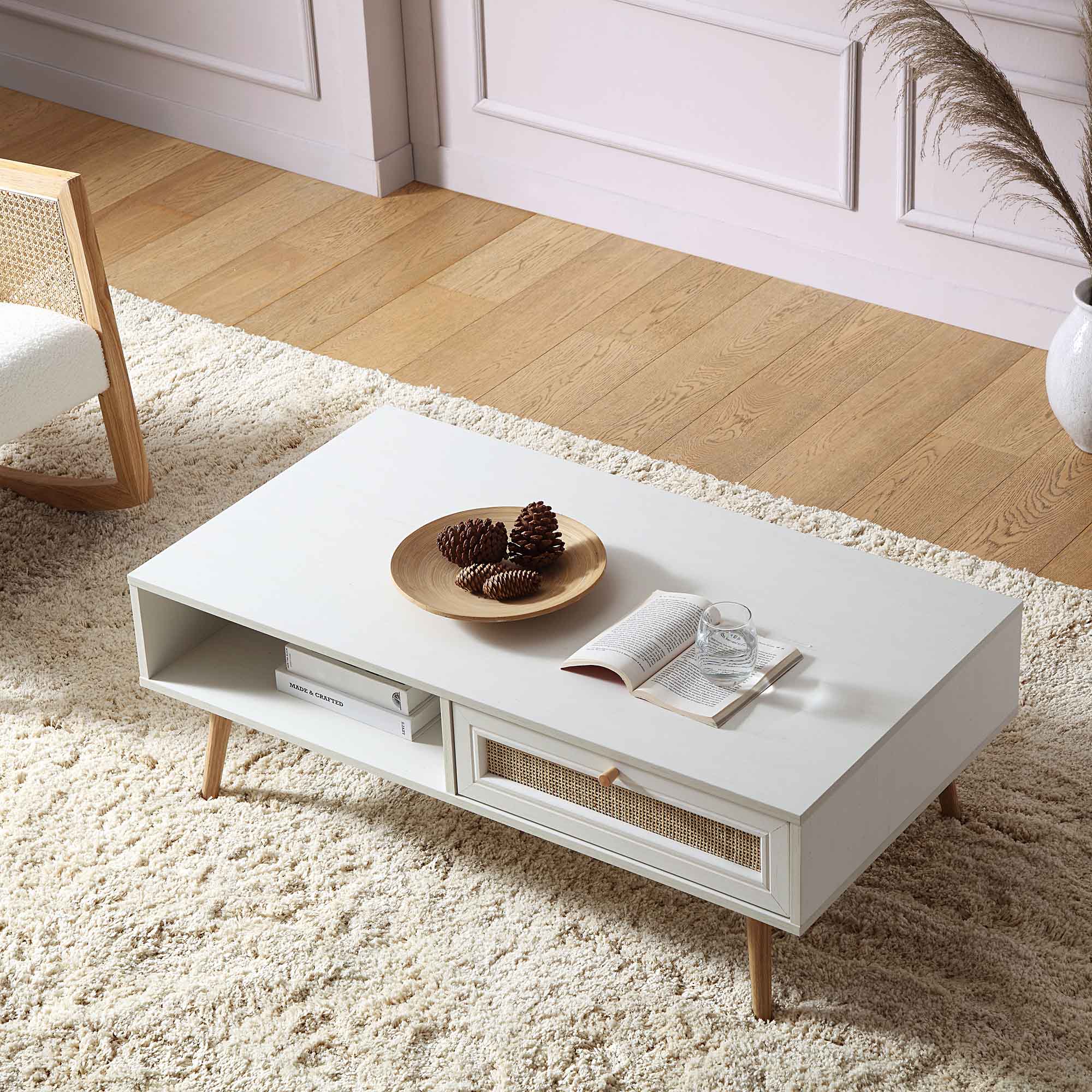 Frances Dệt Rattan gỗ bàn cà phê màu trắng - Ảnh 2