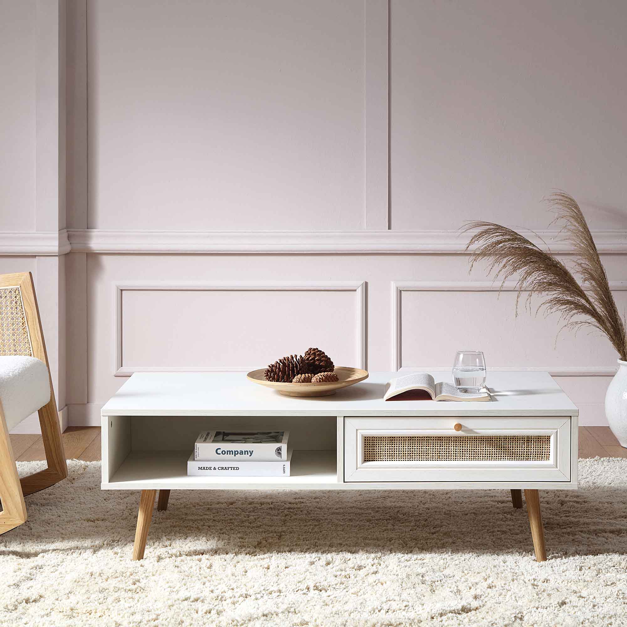 Frances Dệt Rattan gỗ bàn cà phê màu trắng - Ảnh 3
