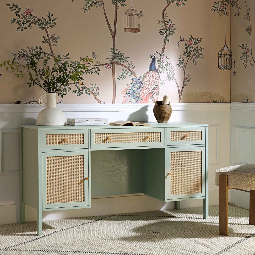 Frances Dệt Rattan 3 Drawer Bàn, Mint