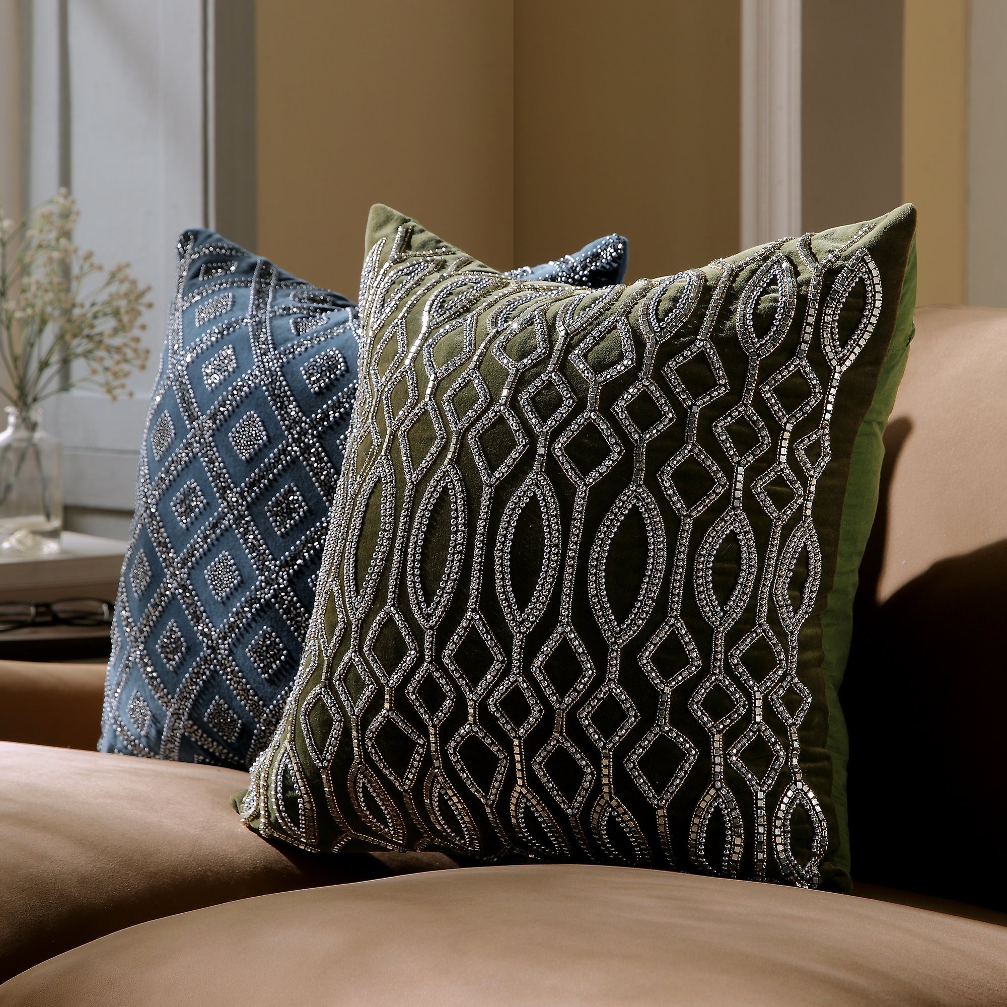 Luxe Collection Verona Beaded Moss Cotton Velvet gối - Ảnh 2