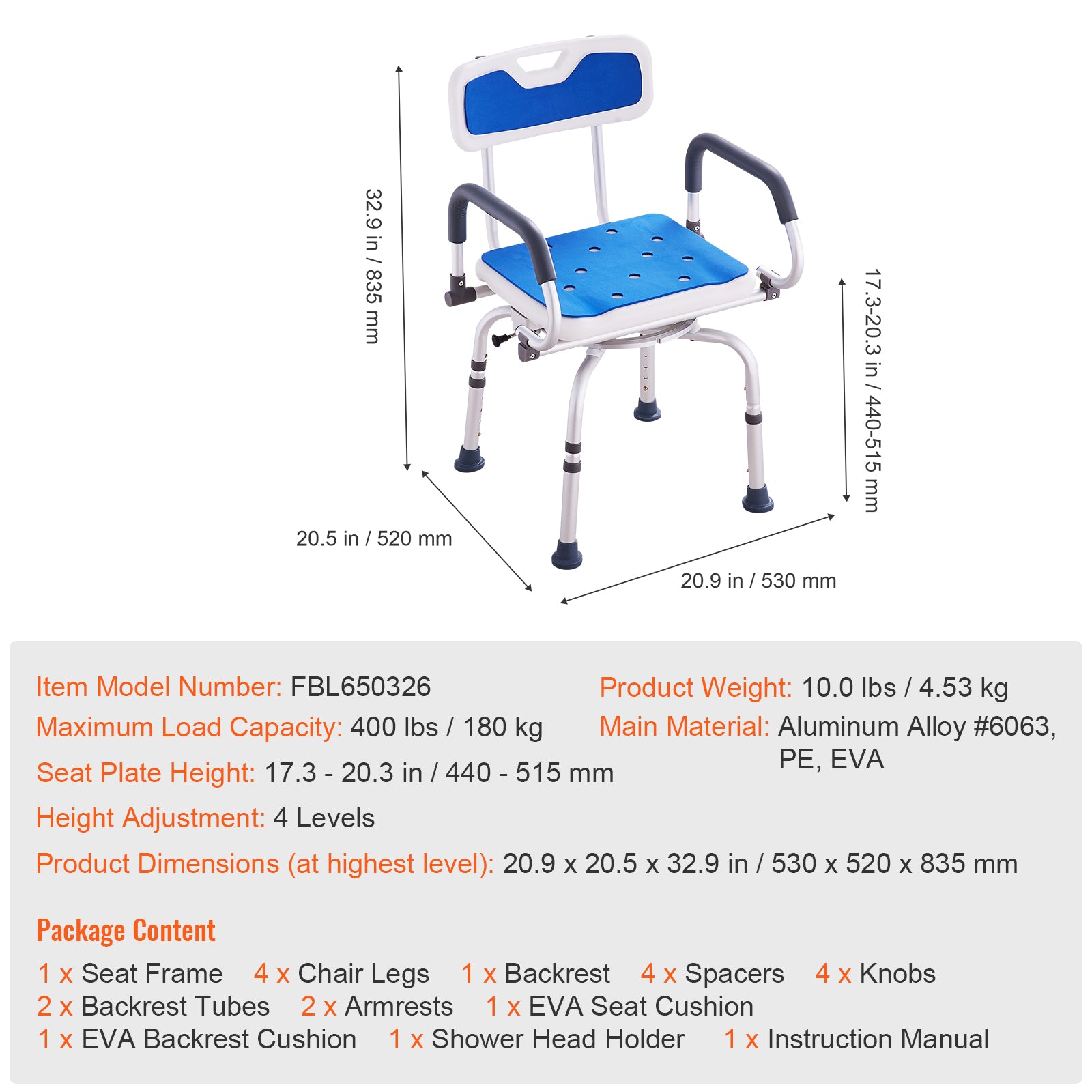 360 xoay điều chỉnh ghế tắm với Pivoting Armrests - Ảnh 2