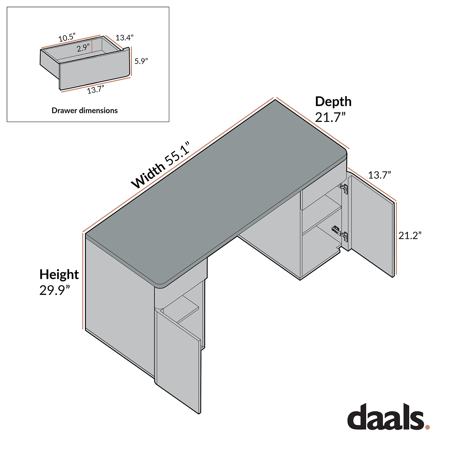 Bàn cạnh Agnes cong với lưu trữ, Dove Gray với Oak Top - Ảnh 7