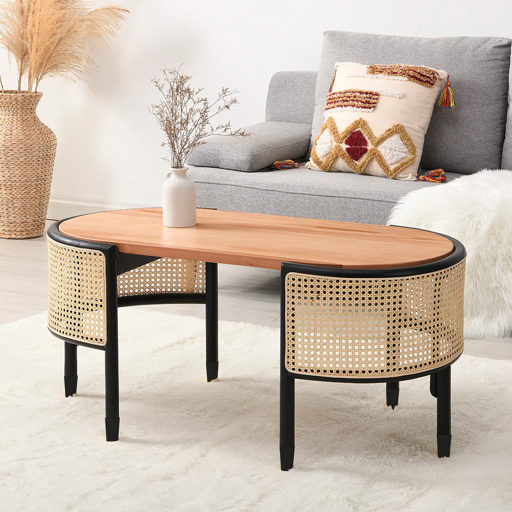 Jeanne Cane Rattan gỗ rắn Bàn cà phê hình bầu dục